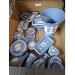 A box of assorted Wedgwood Jasperware, blue.