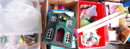 Four boxes of toys to include Playmobil, Doodletop, Brio Mec, playworn cars, Wayne Manor (Batman)