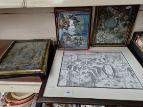 A group of five fairy tale prints and a comical pencil drawing.