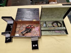 A cigar box & other with assorted costume jewellery