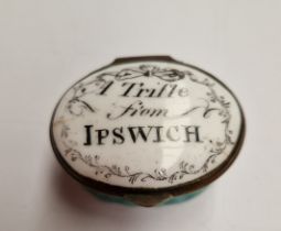 A Bilston enamel box 'A Trifle from Ipswich'. Condition - top glued on and can't be opened, crack to