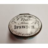 A Bilston enamel box 'A Trifle from Ipswich'. Condition - top glued on and can't be opened, crack to