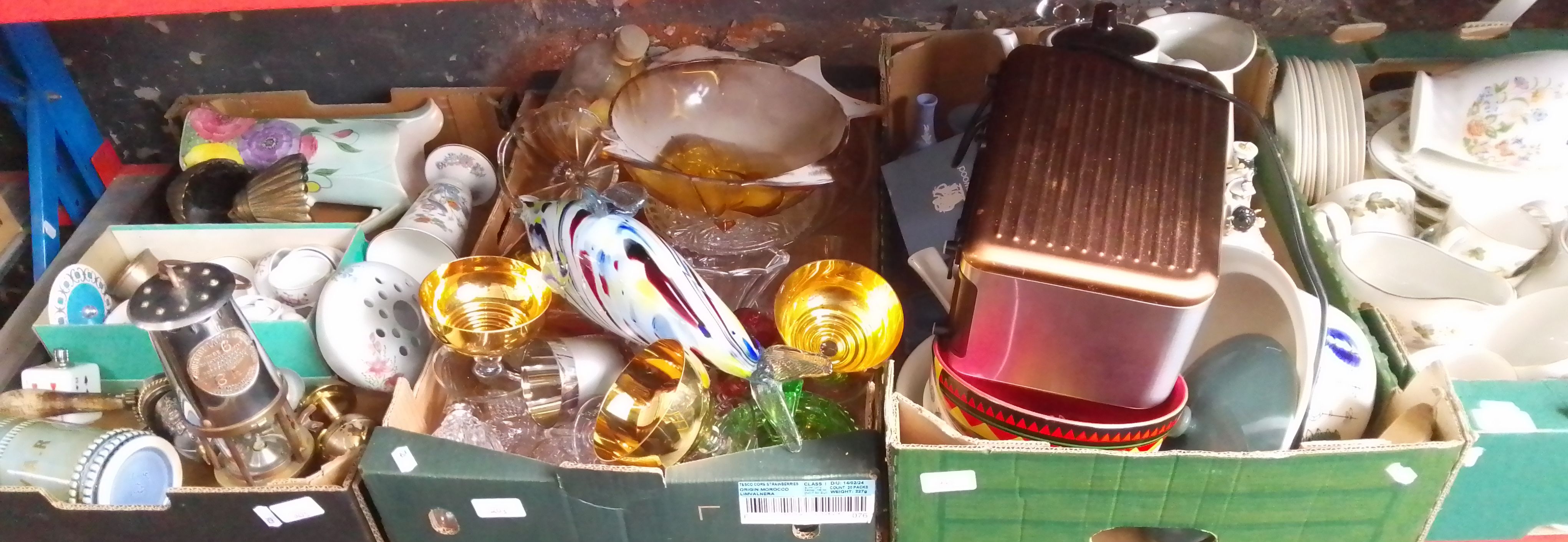 4 boxes of mixed ceramics (including Doulton Larchmont) and glass and including toaster, repro