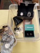 A mixed lot including coins, watches and costume jewellery.