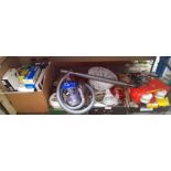 4 boxes of miscellaneous items including lamps, toys, glass ware, prints, Dyson City vacuum