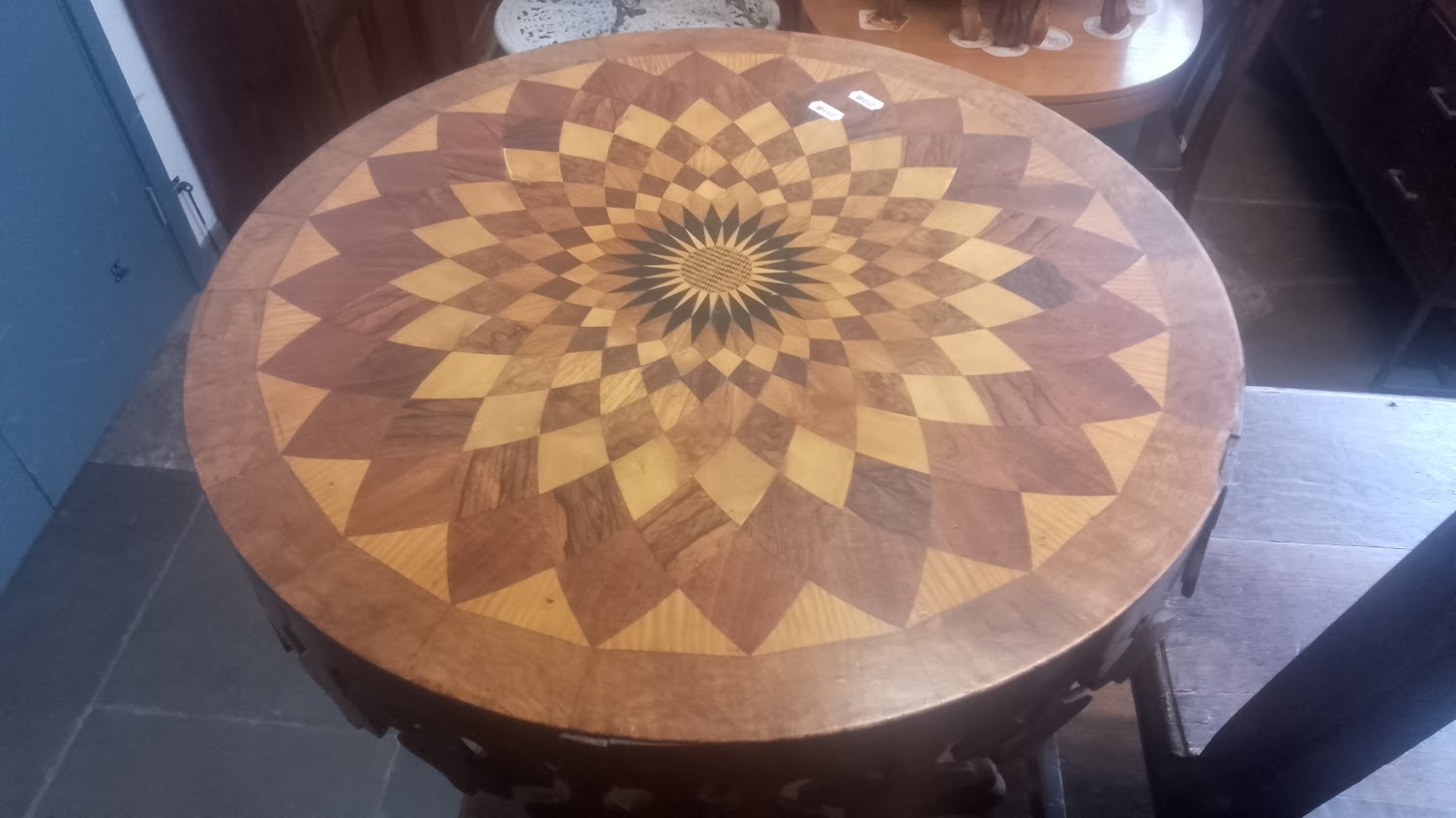 A Victorian oak and walnut parquetry inlaid pedestal table with various specimen woods to the top. - Image 2 of 9