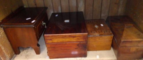 Four wooden boxes including sarcophagus style, inlaid mother of pearl, marquetry, etc