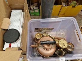 A box of assorted metalware and a projector.