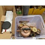 A box of assorted metalware and a projector.