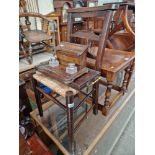 A rush seat chair, brass handled oak tray & a oak desk stand with pair of glass & silver plate