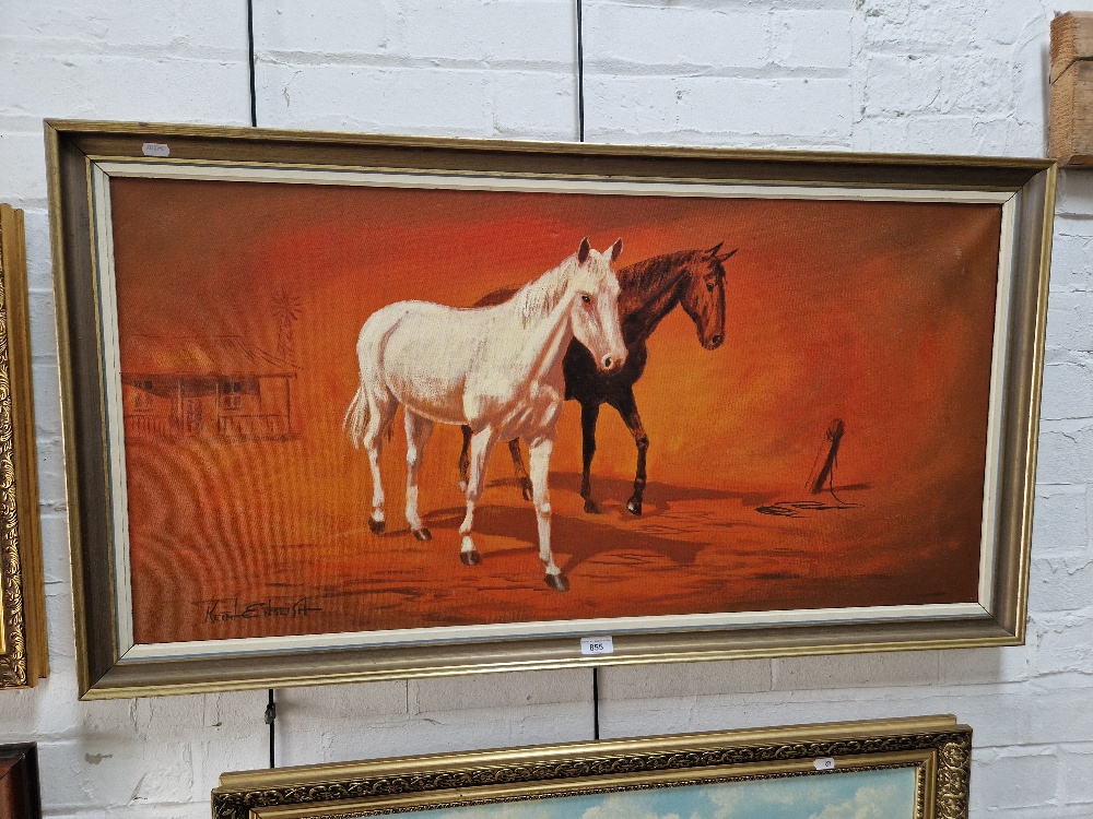 Keith English (British, 1935-2016), oil on canvas, horses, 100cm x 49.5cm, signed to lower left,