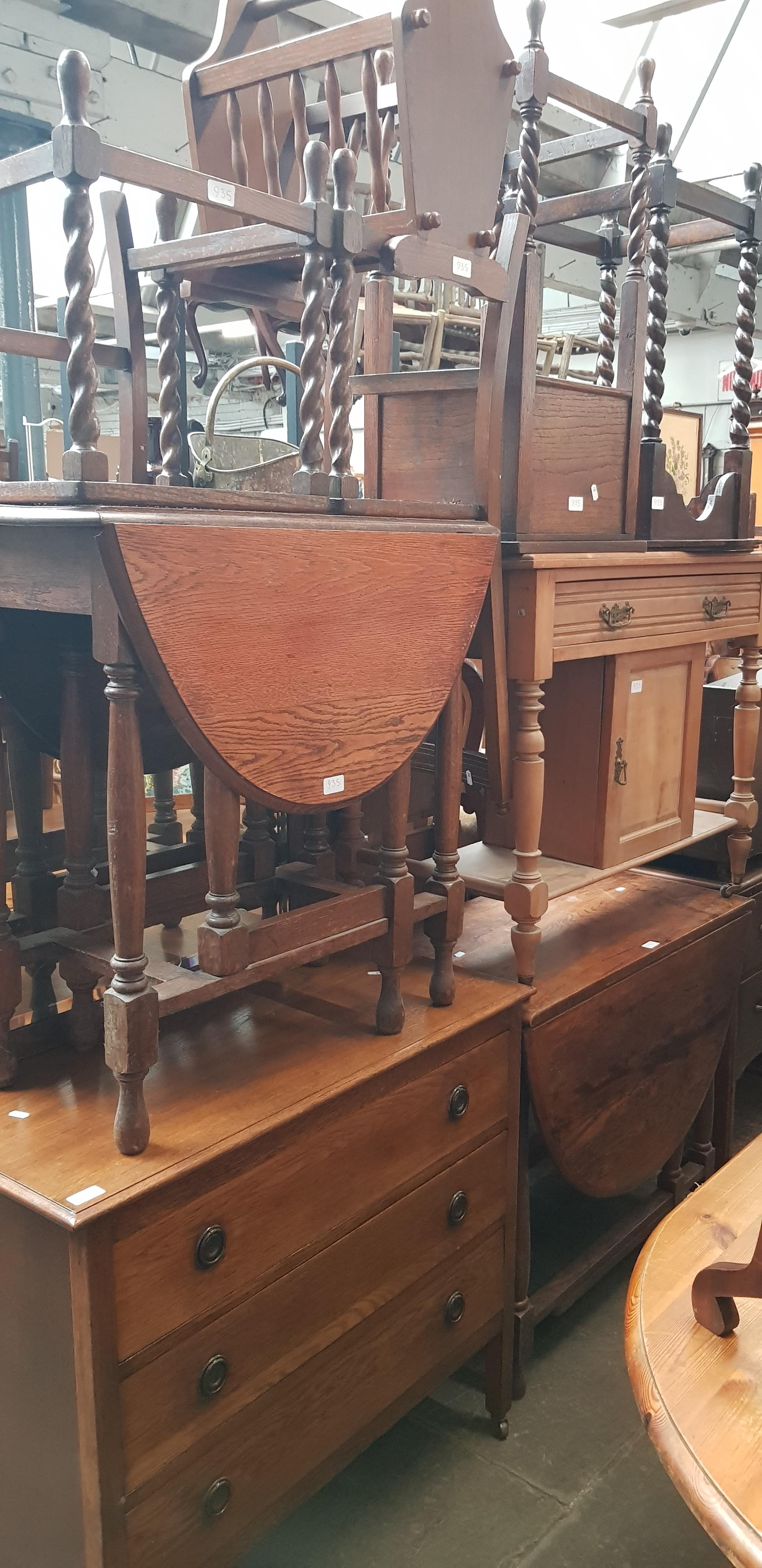 Various items of furniture; oak chest of drawers, oak drop leaf tables, two chairs, satinwood