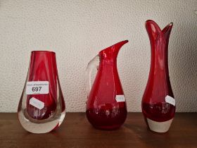 Three pieces of red Whitefriars glass