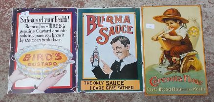 Three metal advertising signs for Birds Custard, Burma Sauce, and Ceresota Flour.