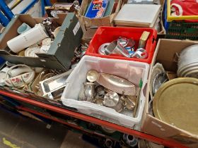Six boxes of assorted pottery and metal ware.