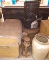 A mixed lot comprising metal tool box with tools, Valor paraffin heater, two paraffin lamps (as