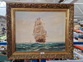 20th century school, oil on canvas, ship in full sail, 49.5cm x 39.5cm, unsigned, gilt frame.