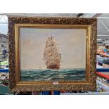 20th century school, oil on canvas, ship in full sail, 49.5cm x 39.5cm, unsigned, gilt frame.