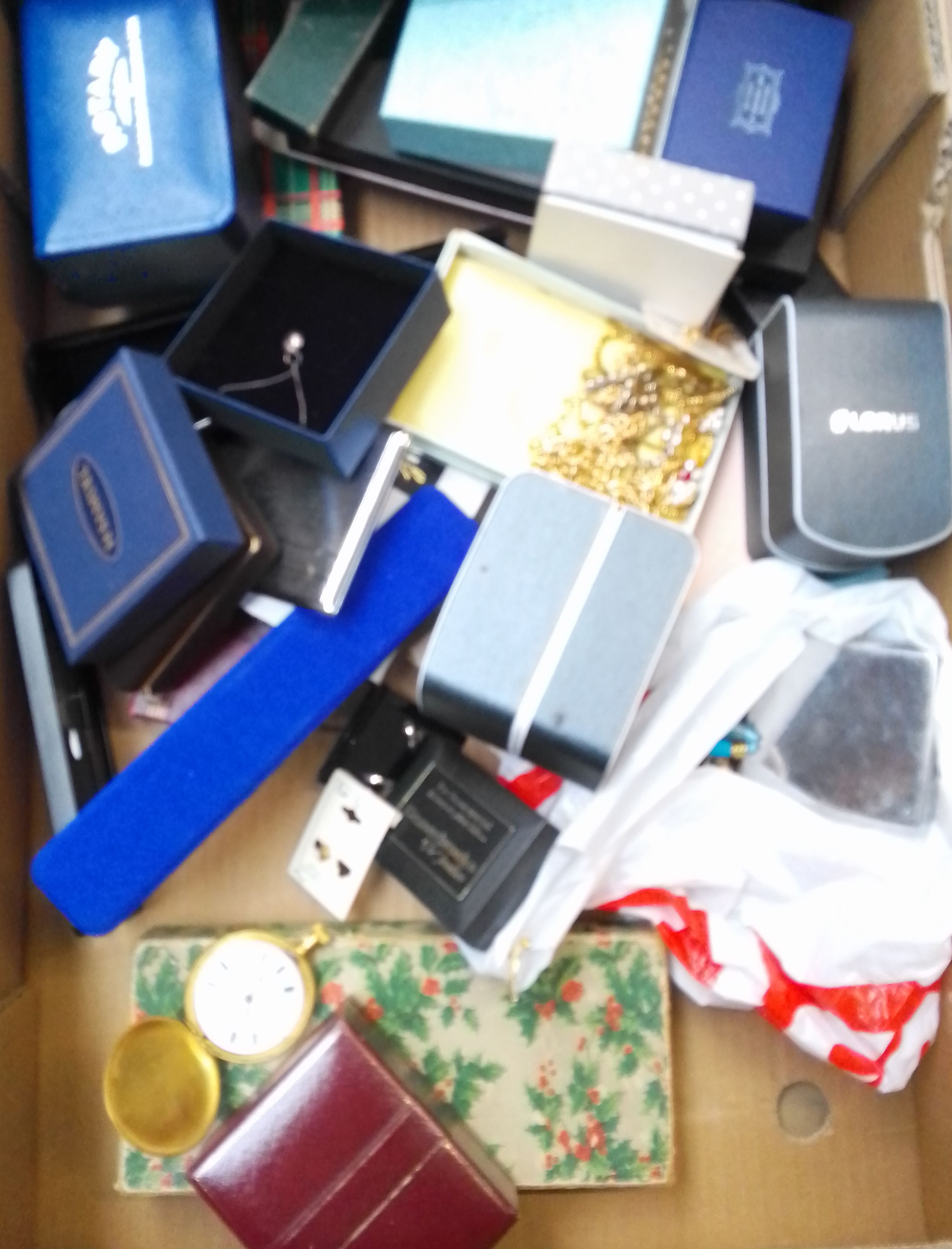 A box of costume jewellery and watches including Lorus, Rotary etc