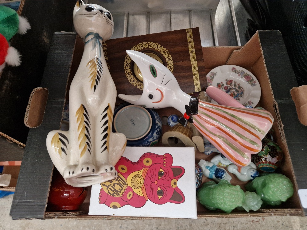 7 boxes of assorted items including pottery, ornaments including cat figures, soapstone ware... - Image 2 of 10