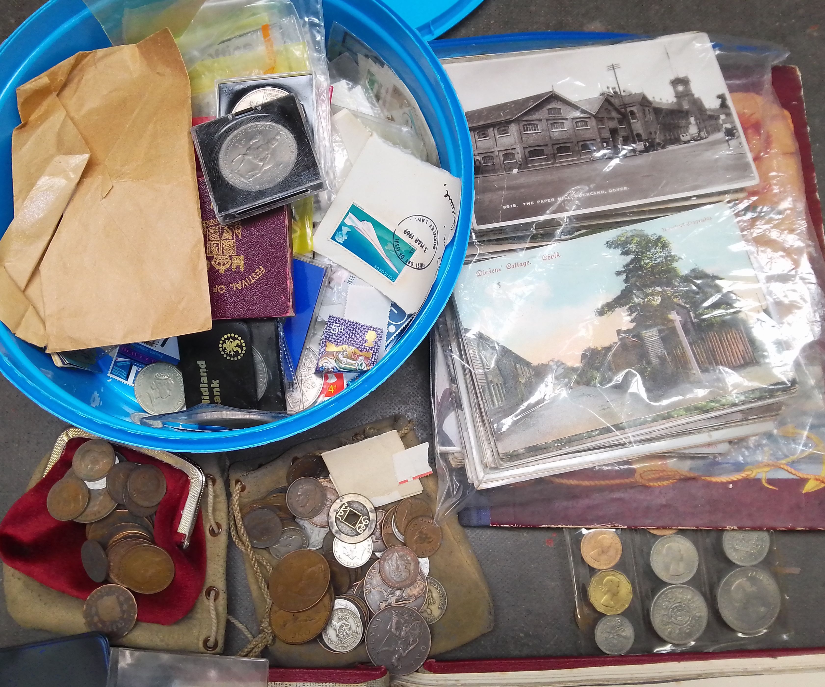 Two stamp albums including two penny blacks, a bag of vintage postcards, and a tub of coins - Image 2 of 2