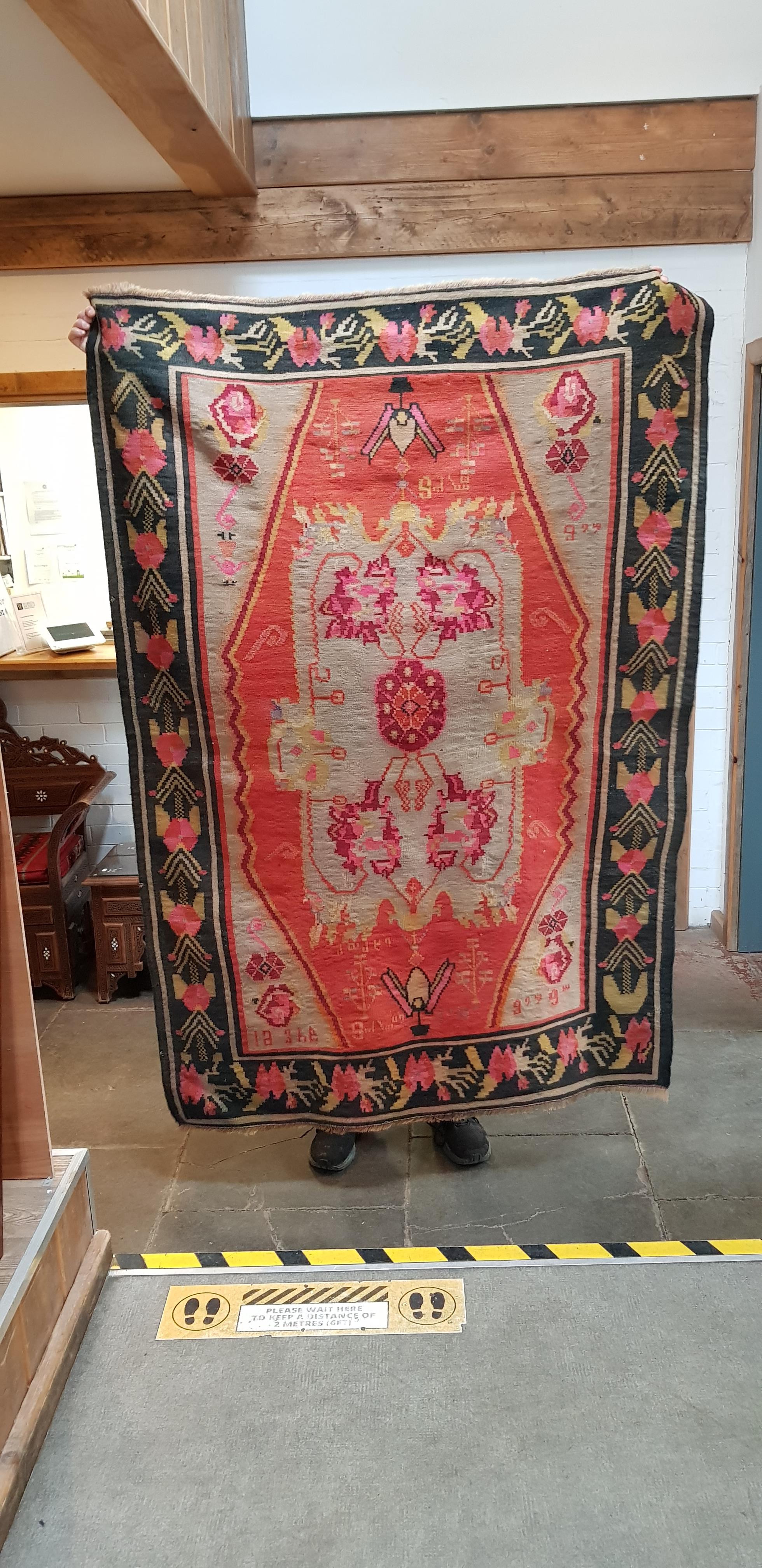 A vintage Turkish Kilim wool carpet dated 1934, geometric design, 203cm x 137cm (approx). - Image 2 of 2