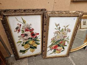 A pair of still life paintings on porcelain, fruit and flowers, framed, 40cm x 65cm each.