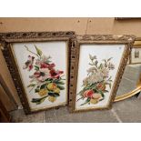 A pair of still life paintings on porcelain, fruit and flowers, framed, 40cm x 65cm each.