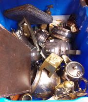 A box of metal ware including plated and brass