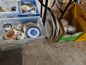 Three boxes of assorted items including a Whalley Abbey crested china pig etc.