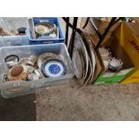 Three boxes of assorted items including a Whalley Abbey crested china pig etc.