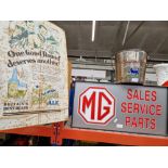 An MG 'Sales, Service, Parts' light up garage sign together with a FA Premier League champagne ice