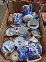 Box of blue and white pottery