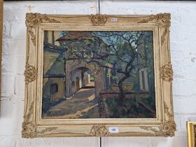 James Proudfoot (British, 1908-1971), oil on board, courtyard scene, 48.5cm x 38.5cm, signed and