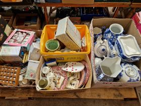 Four boxes of mainly china and pottery inlcuding blue and white, thimbles, tea set etc. etc.