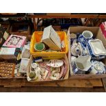 Four boxes of mainly china and pottery inlcuding blue and white, thimbles, tea set etc. etc.