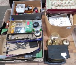 Three boxes of watch and clock spares together wit tools, also a Mantel clock with key and pendulum,