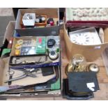 Three boxes of watch and clock spares together wit tools, also a Mantel clock with key and pendulum,