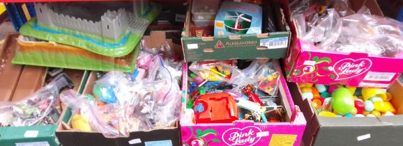 6 boxes of toys and games including plastic castle, Beast War toys, Kinder egg toys, McDonalds