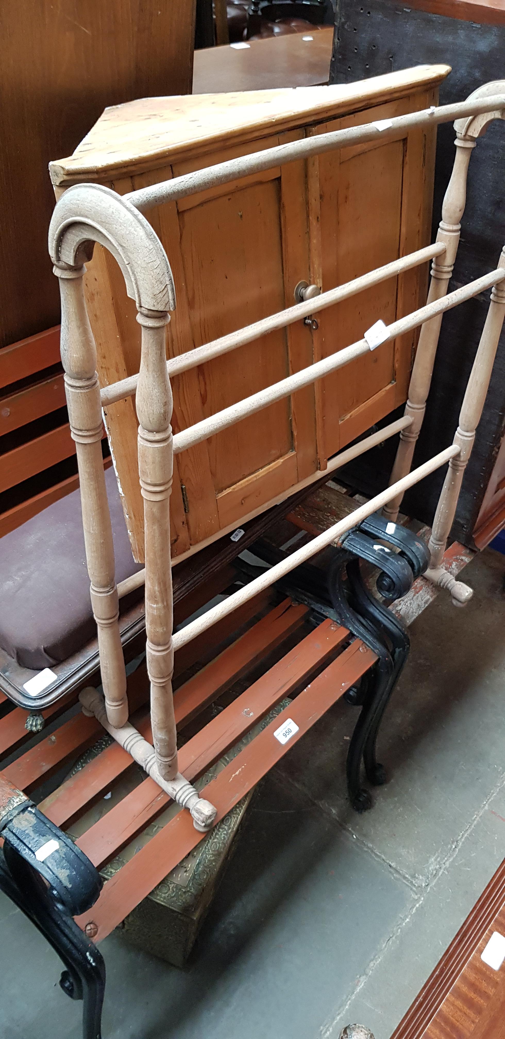 A mixed lot comprising pine corner cabinet, towel rail and a prayer kneeling stool.