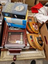 A mixed lot including original pictures, a clock, Harry Potter books and shields.