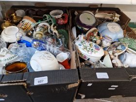 2 boxes of mixed glass and ceramics including a decanter, Royal Doulton, Poole etc.