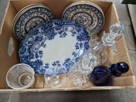 A mixed lot of ceramics and glass including decanters, cut crystal, blue and white ware, Bristol