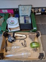 Box with Victorian oil lamp etc. and a box of cutlery