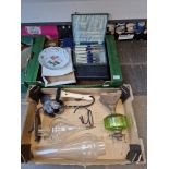 Box with Victorian oil lamp etc. and a box of cutlery