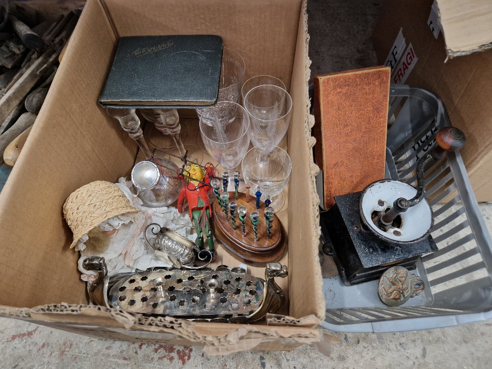 A mixed lot comprising cut glass, a vintage coffee grinder, an autograph album, a silver plated