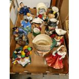 A box of assorted ornaments including four Royal Doulton figures, an Old Tupton ware clock, toby
