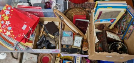 Three boxes of assorted collectables a carriage clock, dominoes, needlework, metal ware, annuals,