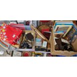 Three boxes of assorted collectables a carriage clock, dominoes, needlework, metal ware, annuals,