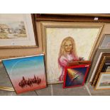 Four original works; oil on canvas portrait of a girl, oil on board signed Nimita 71, mixed media